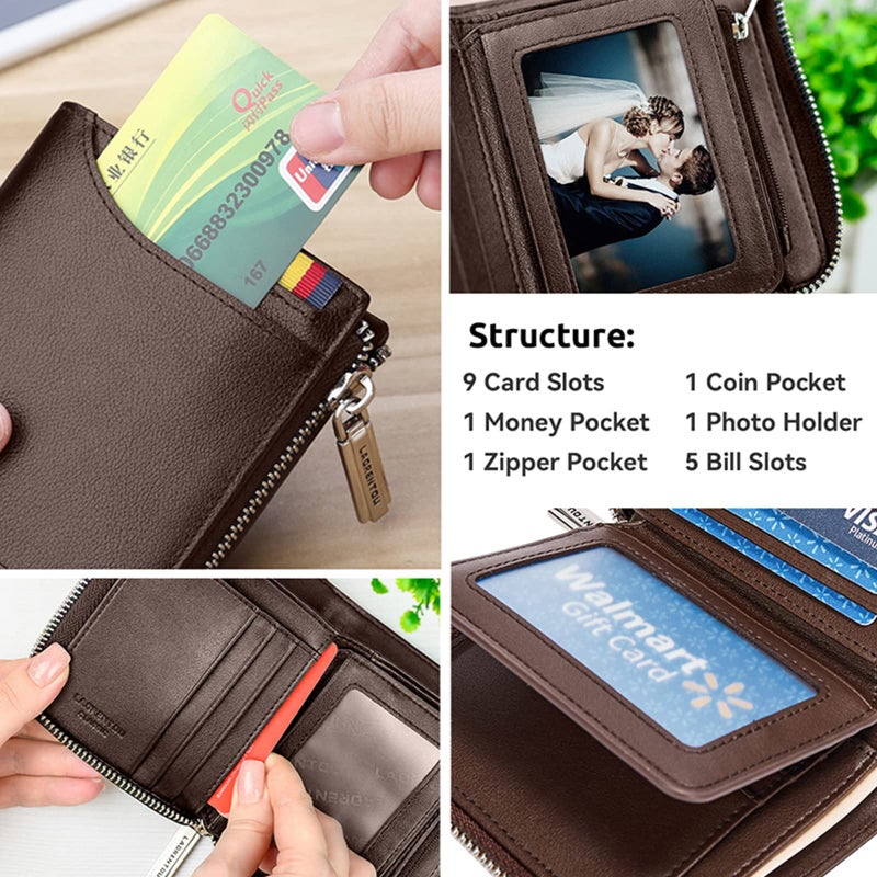 LAORENTOU Genuine Leather Wallets for Men, RFID Blocking, Multi Card Holder Slim Mens Wallet with Zipper Coin Purse, Bifold Wallet for Man, Boys, Teens (Brown) - Image 5